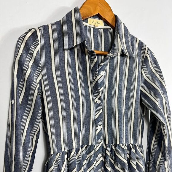 LOVE NOTES Blue Peplum Stripe Button Down Ruffle Long Sleeve Cotton Shirt - Picture 5 of 9